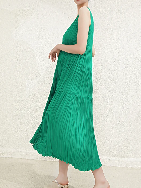 Pleated Solid Color Split-Joint Loose Sleeveless Round-Neck Midi Dresses