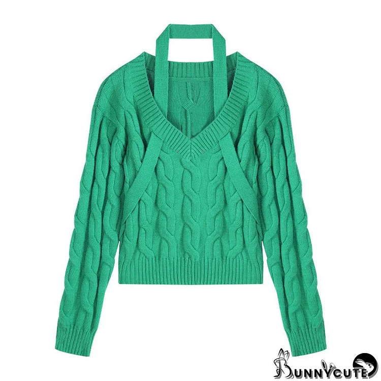 V-neck Pure Color Cable Knit Casual Sweater