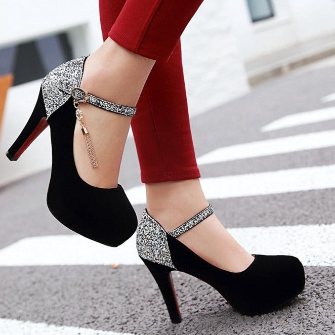 Women's rhinestone sequins closed toe ankle strap wedding party heels