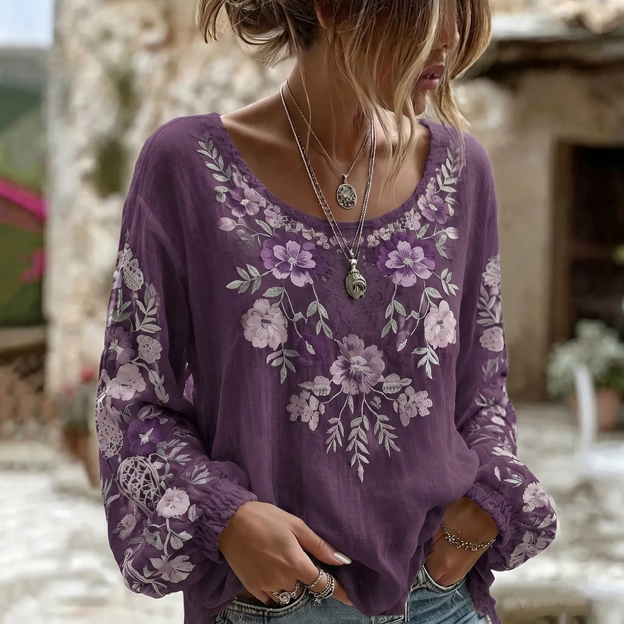 Women's Retro Bohemian Floral Pattern Long Sleeve Linen Blend T-shirt elevenforest