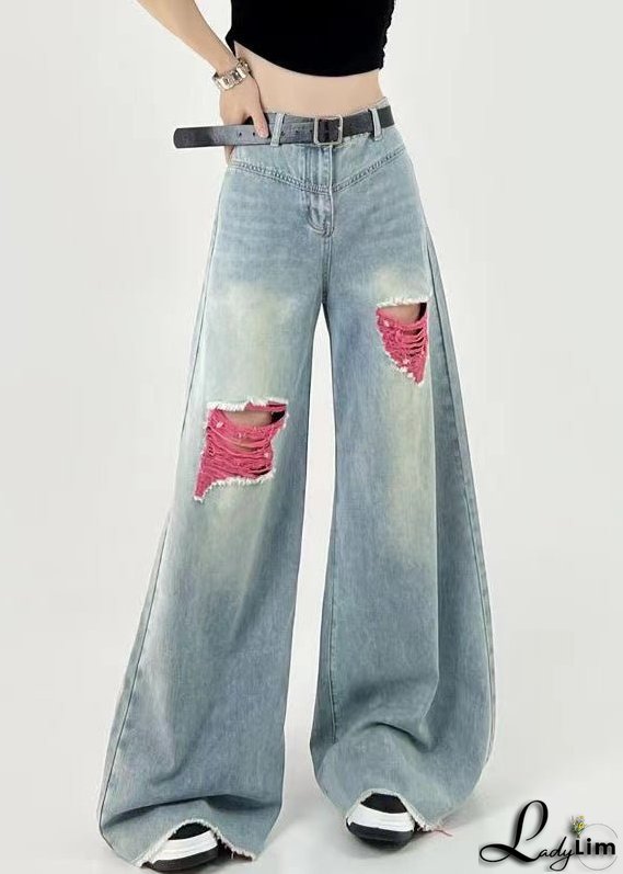 Boutique Pink Patchwork Ripped Denim Wide Leg Pants Fall