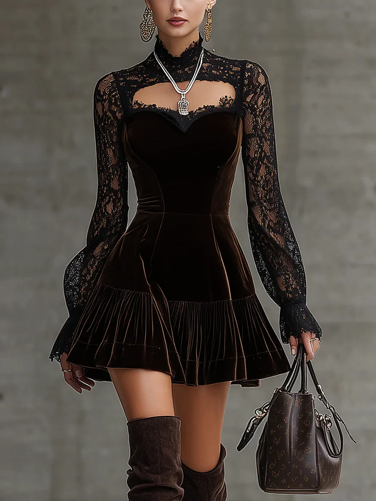 Velvet-trimmed lace-sleeved cutout fitted mini dress
