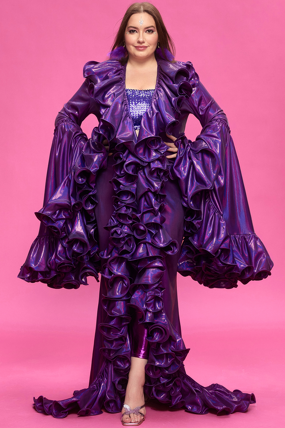 Design Plus Size Party Elegant Purple Flare Long Sleeve Flounce Glitter Cardigans [Pre-Order]