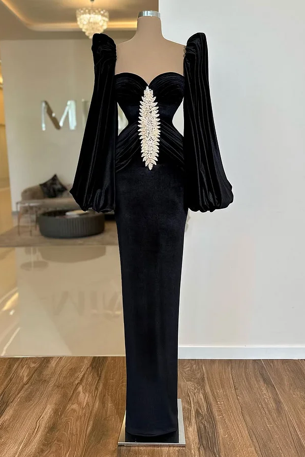Daisda Black Long Sleeves Sweetheart Mermaid Beads Prom Dress 