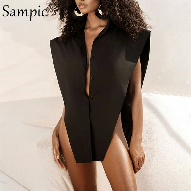 Sampic Fashion Black Autumn Sexy Women Turn Down Collar Off Shoulder Blouse Vest Oversized Ladies Casual Office Long Shirt Tops