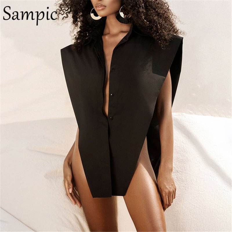 Sampic Fashion Black Autumn Sexy Women Turn Down Collar Off Shoulder Blouse Vest Oversized Ladies Casual Office Long Shirt Tops