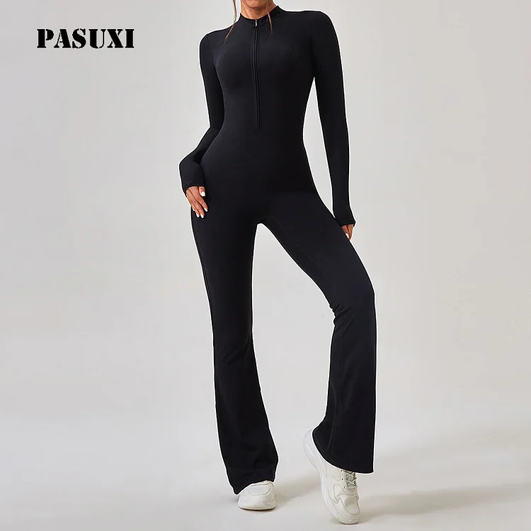 PASUXI Women's Slim Fit High-Waisted Zippered Jumpsuit Long Sleeve Flare Leg Yoga Sportswear huanwei