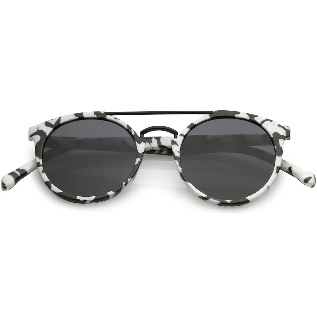 Modern Horn Rimmed glasses Marble Print Double Crossbar Round Flat Lens 50mm