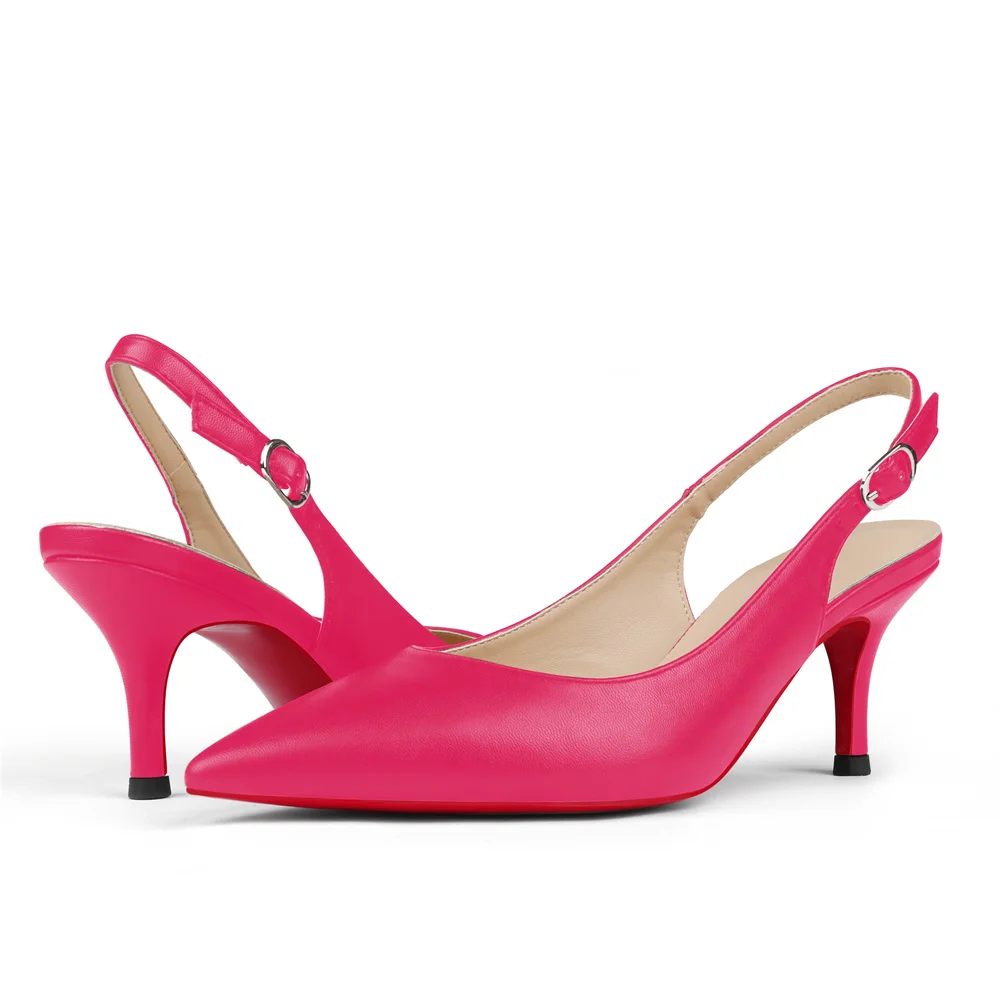 2.36" Women's Pointed Toe Red Bottom Sandals Slingback Shoes Kitten Heel Pumps Matte-MERUMOTE