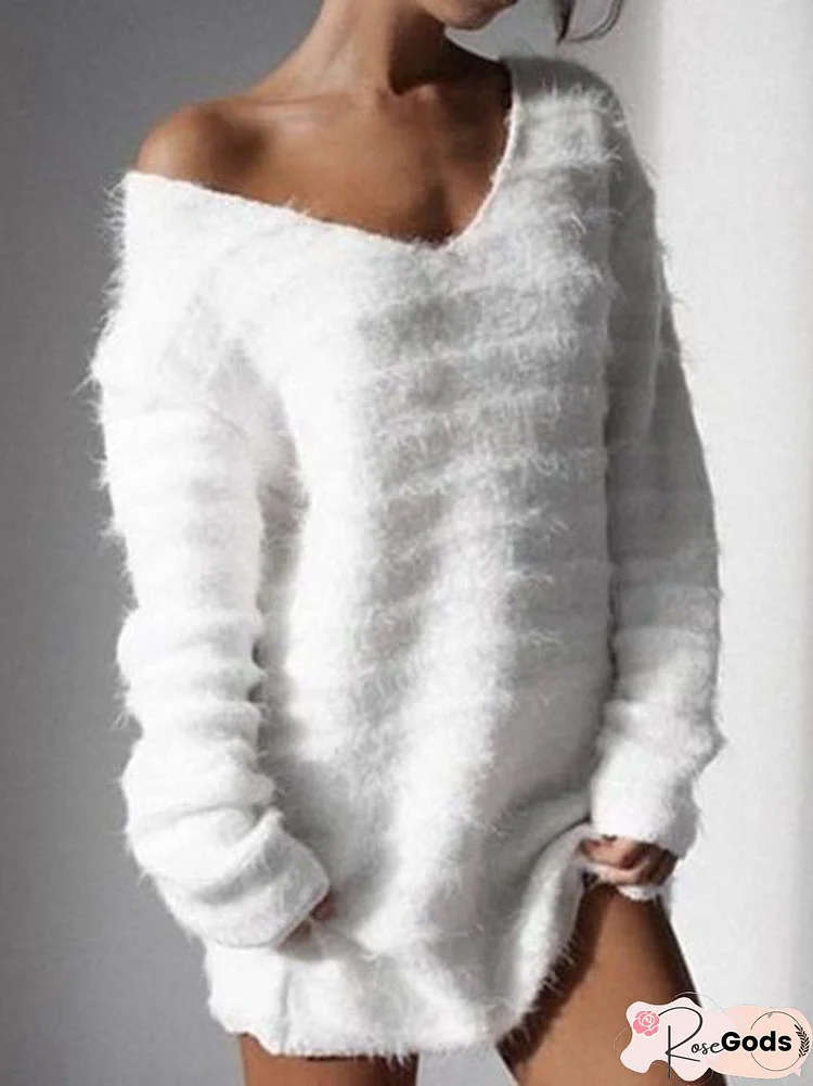 Long Sleeve Solid Cashmere Sweet Fleece Fuzzy Sweater