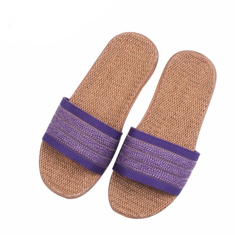 Glglgege Summer Women Linen Slippers New Color Stripe Belt Indoor Shoes Casual Home Open Toe Slippers Lovers Casual Flax Slides
