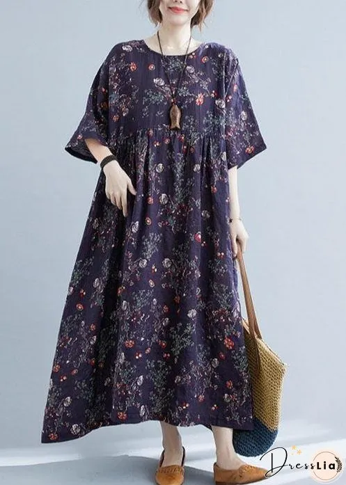 French Navy Print Pockets Loose Summer Half Sleeve Long Dress