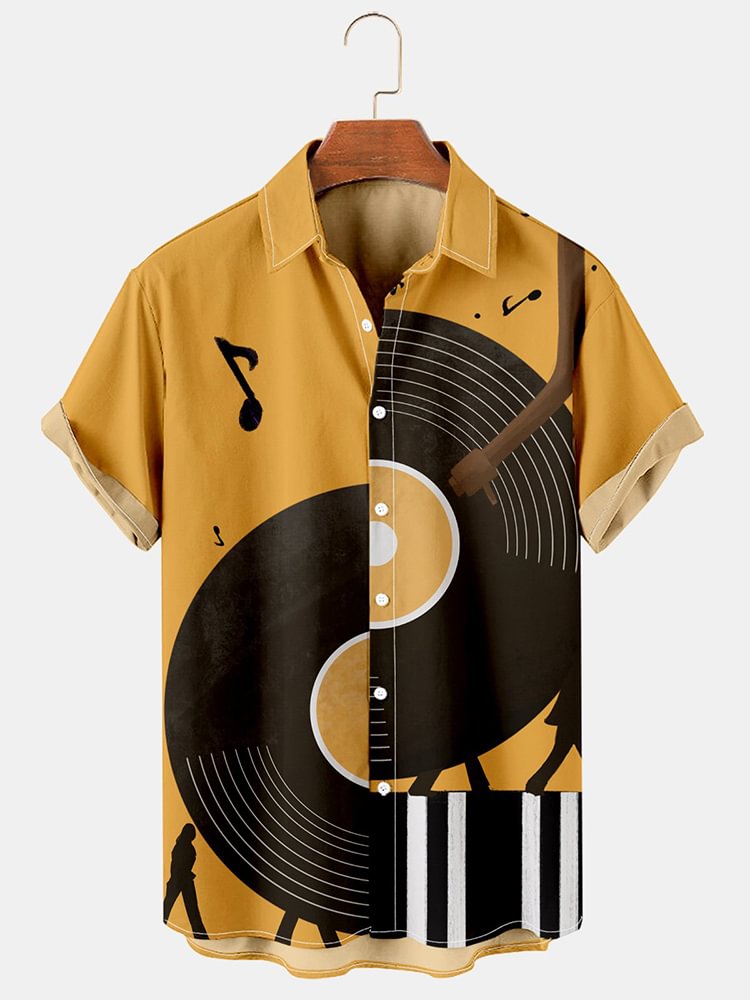 Music Record Print Men's Simple Short Sleeve Shirt