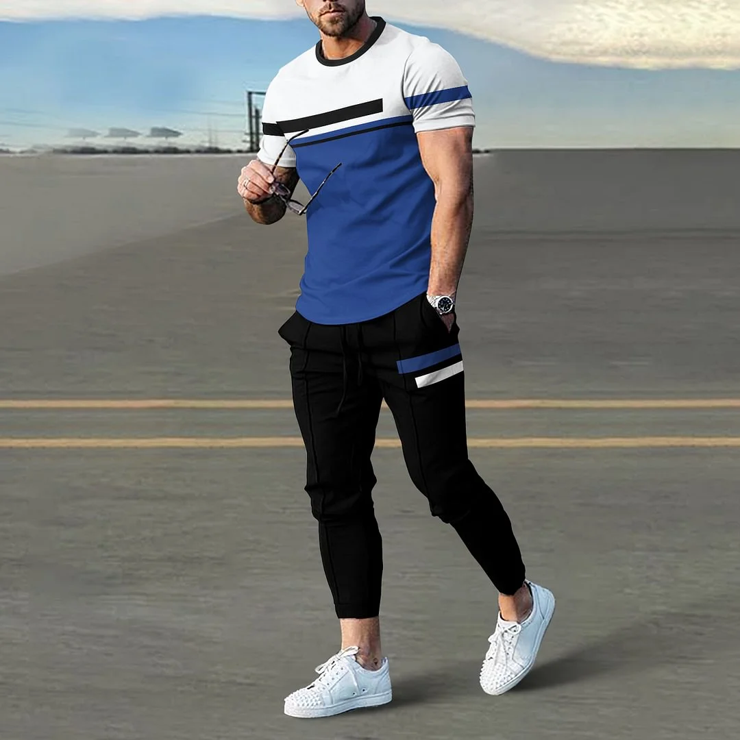 Color Block Casual Short Sleeve Trousers Set