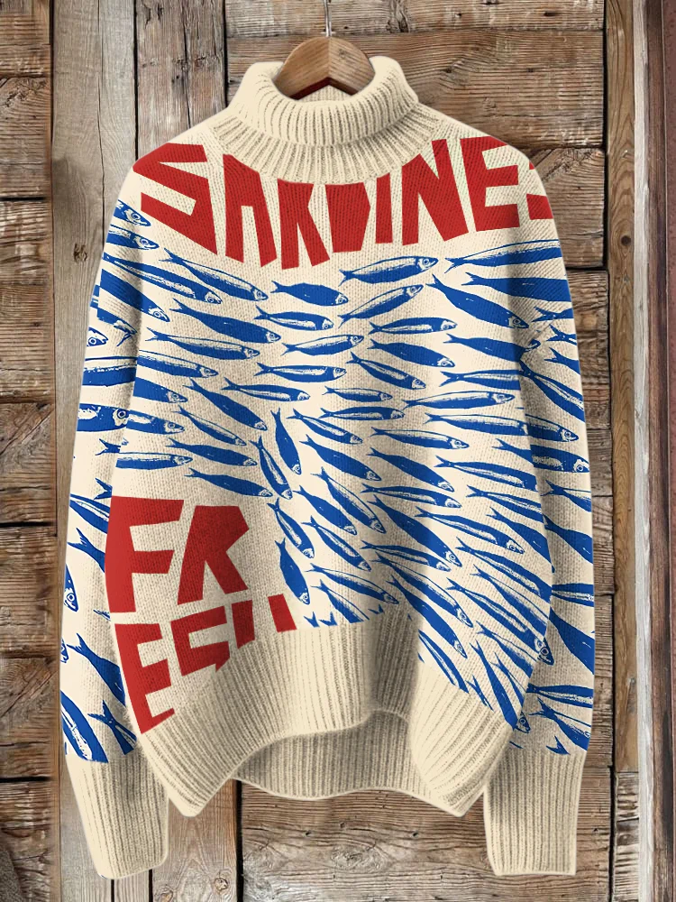 Vintage Fish Sardines Art Print Turtleneck Knitted Cozy Pullover Sweater