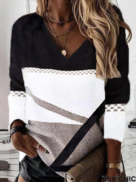 V neck Casual Striped Sweatshirt