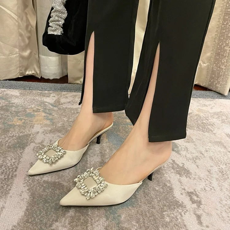 Yyvonne Summer New Korean Version Of The Diamond Side Buckle Tip Bun Head Half Drag Thin And Cool Slippers Women's Shoes