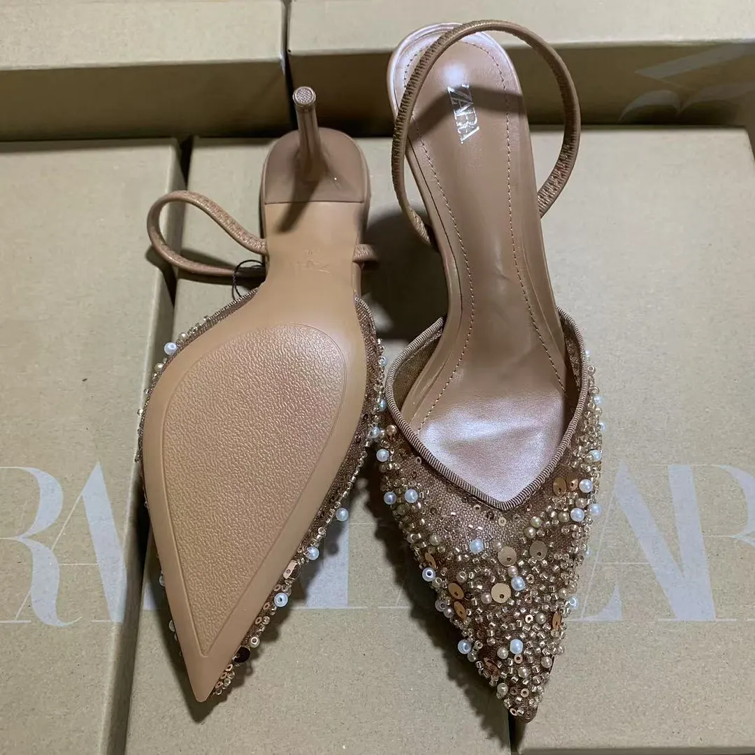 Breakj Breakj Spring New Women's Shoes Apricot Beads And Set Mesh With Sharp Tips High Heels