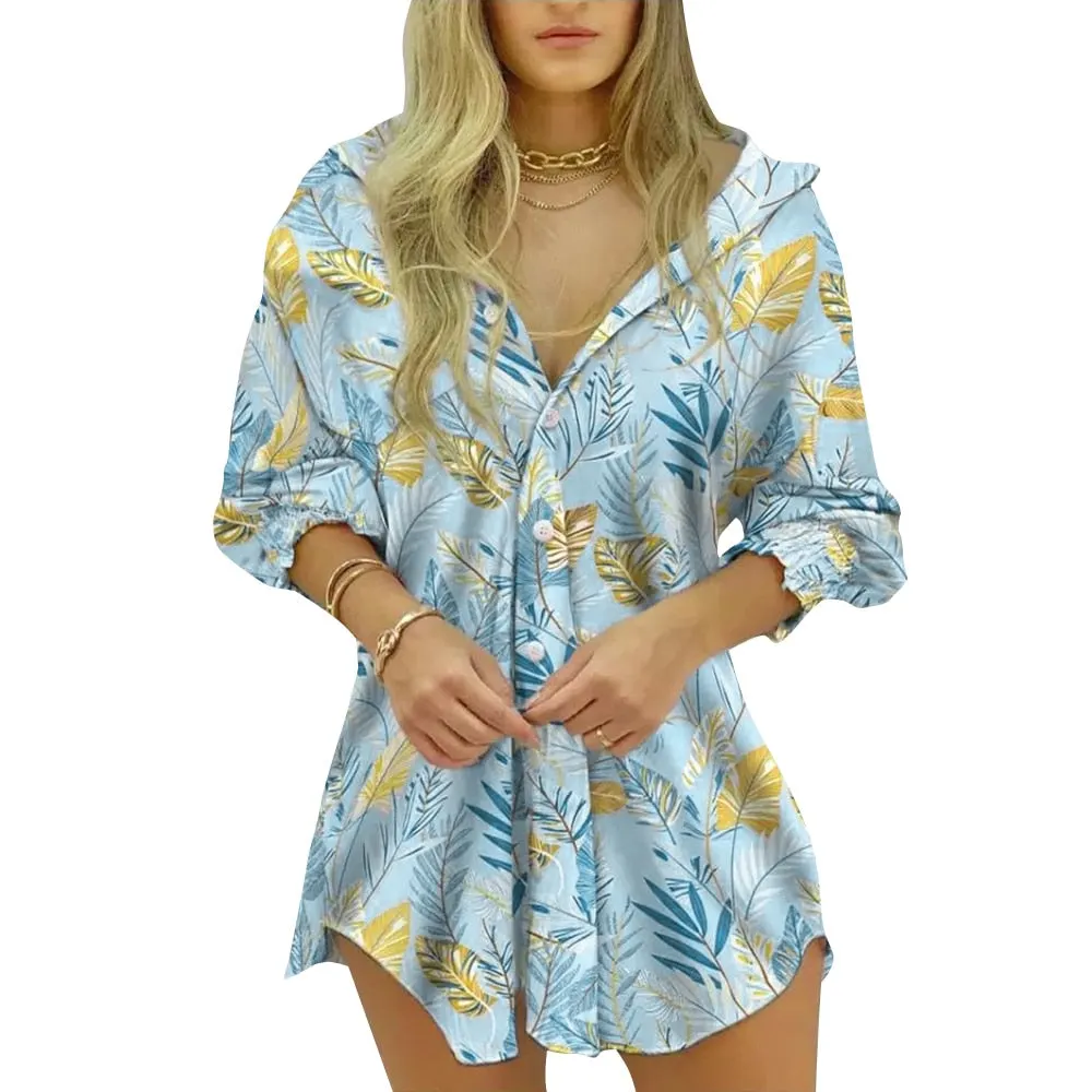 Women Beach Print Shirt Stand Collar T Shirt Streetwear Half Sleeve Button Casual Camisa Ladies Leisure Fashion Slim Tops D30