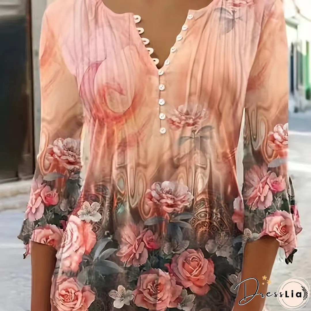 Floral Print Pleated Button Front T-Shirt, Casual Ruffle Sleeve T-Shirt For Spring & Summer, Women's Clothing