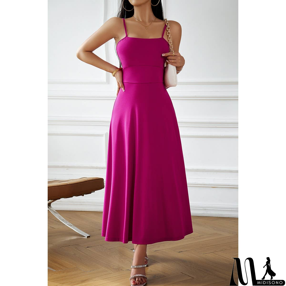 MidiSono - Solid Sleeveless Fit Cross Back Knot Full Dress