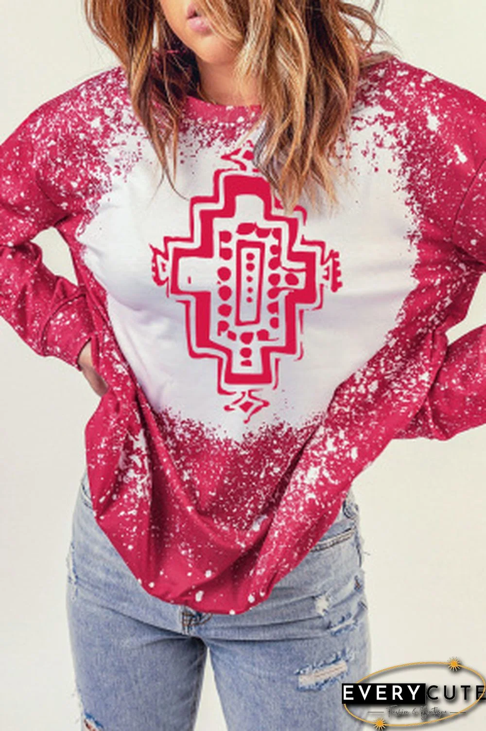 Red Tie-Dye Aztec Print Crewneck Pullover Sweatshirt