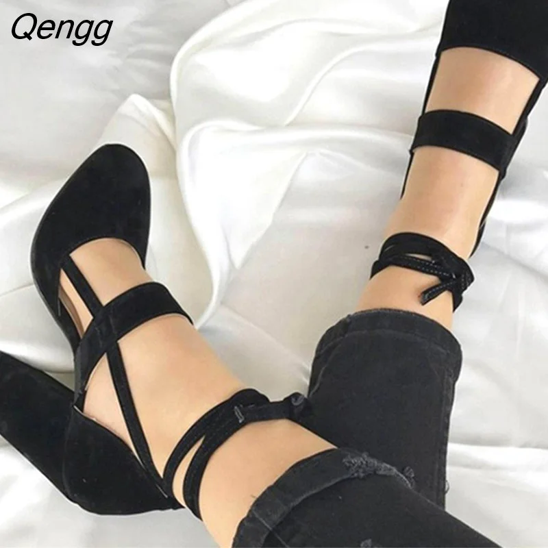 Qengg Women's Pumps Plus Size 35-43 Women Gladiator Summer High Heels for Party Wedding Shoes Thick Heels Fashion Lace-up Female Black