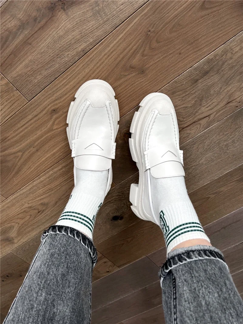 Meotina Women Loafers Shoes Genuine Leather Thick Heels Pumps Round Toe Causal Med Heel Ladies Footwear Spring Autumn Black 42