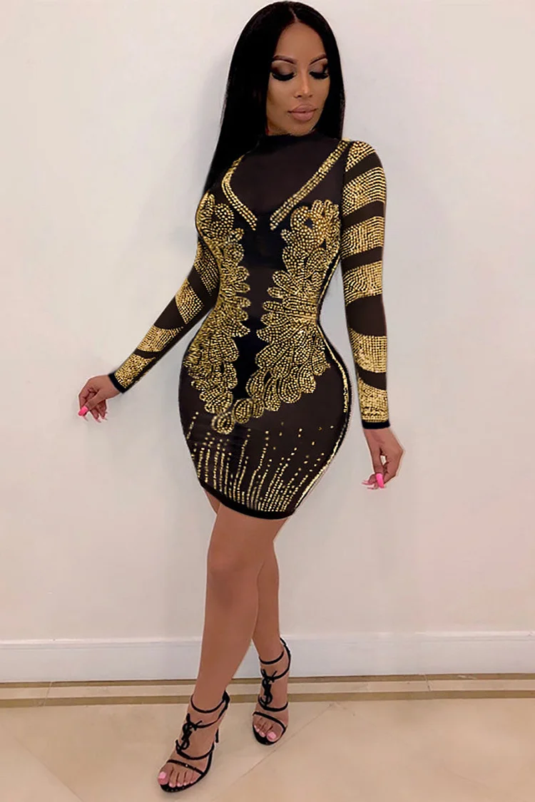 See Through Rhinestone Long Sleeve High Neck Cocktail Party Mini Dresses