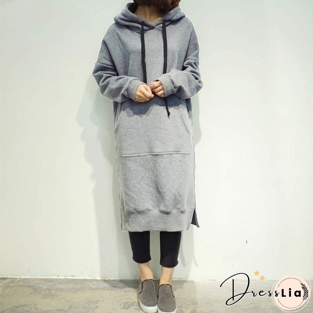 Women Plus Size Spring Autumn Casual Long Pullover Fleece Hooded Sweatshirt Dress L-5Xl