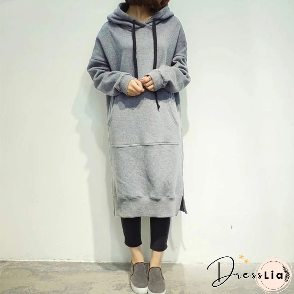 Women Plus Size Spring Autumn Casual Long Pullover Fleece Hooded Sweatshirt Dress L-5Xl