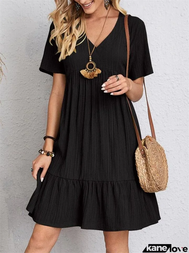 Women's Summer Short Sleeve V Neck Pleated Mini Dress