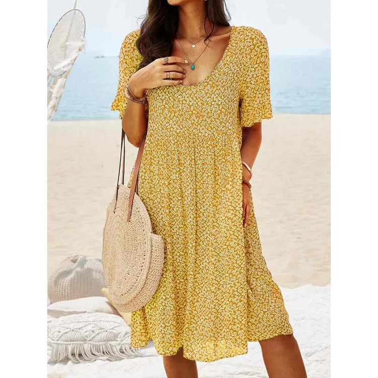 Plus Size Temperament Printed Mid-Length Casual Short-Sleeved Dress VangoghDress