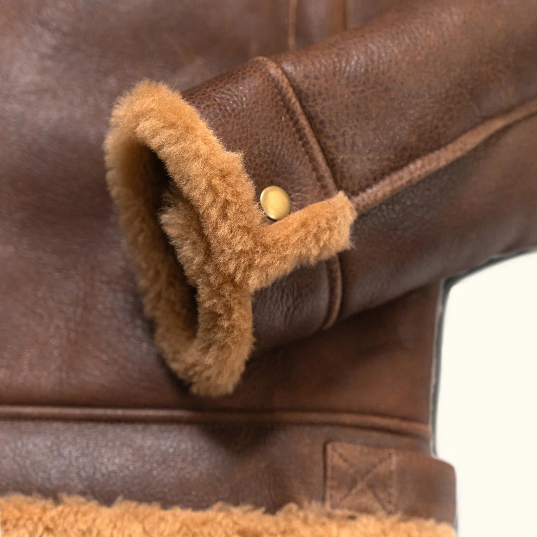 Men's Vintage Leather Shearling Fleece Fur Lapel Collar Outdoor Bomber Jacket-inspireuse