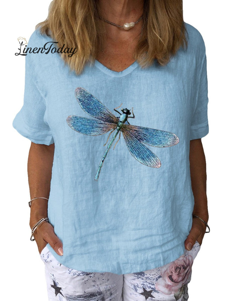 Women’s Dragonfly Art Print Cotton & Linen Casual Top Light Blue / S