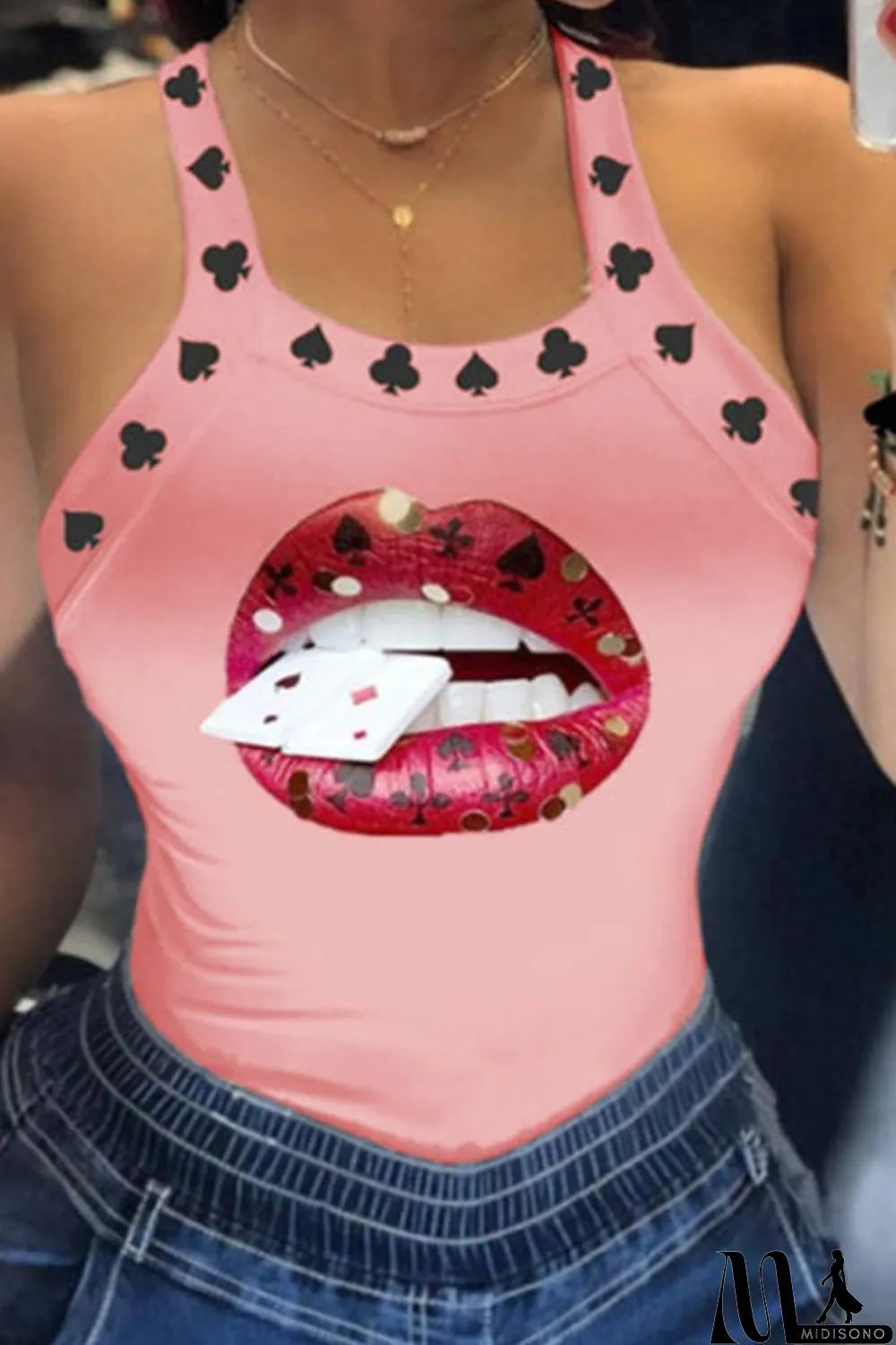 MidiSono - Red Sexy Print Patchwork U Neck Tops