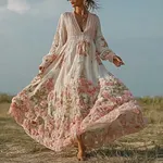 Retro Pink Rose Design V-neck Long-sleeve Casual Dress - Image 2