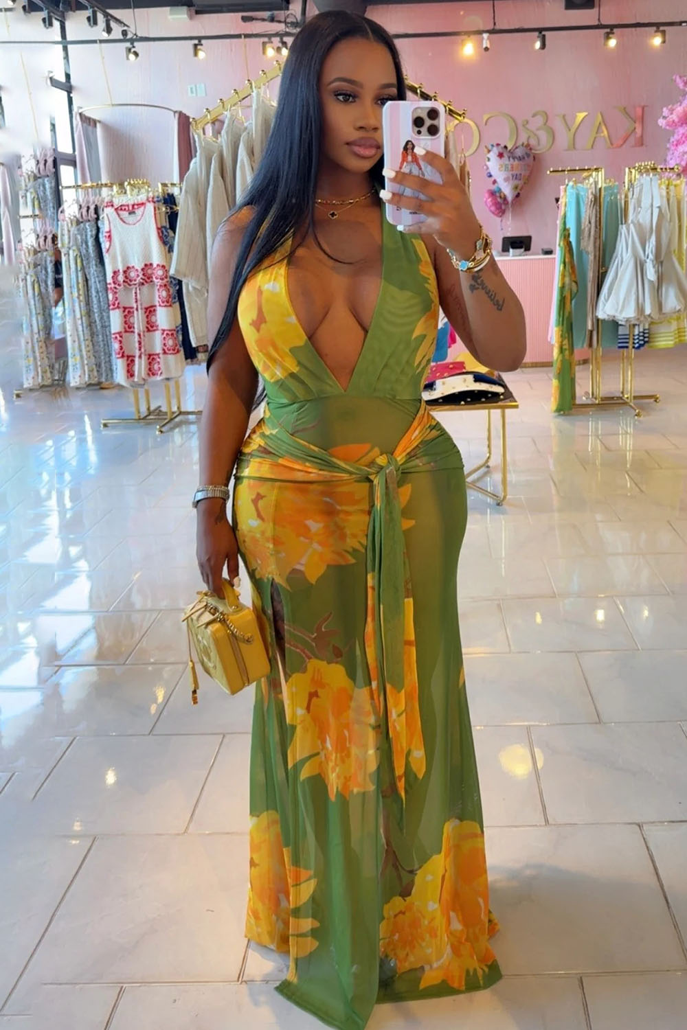 Halter V Neck Floral Print Slim-Fit Vacation Maxi Dresses-Green [Pre Order]