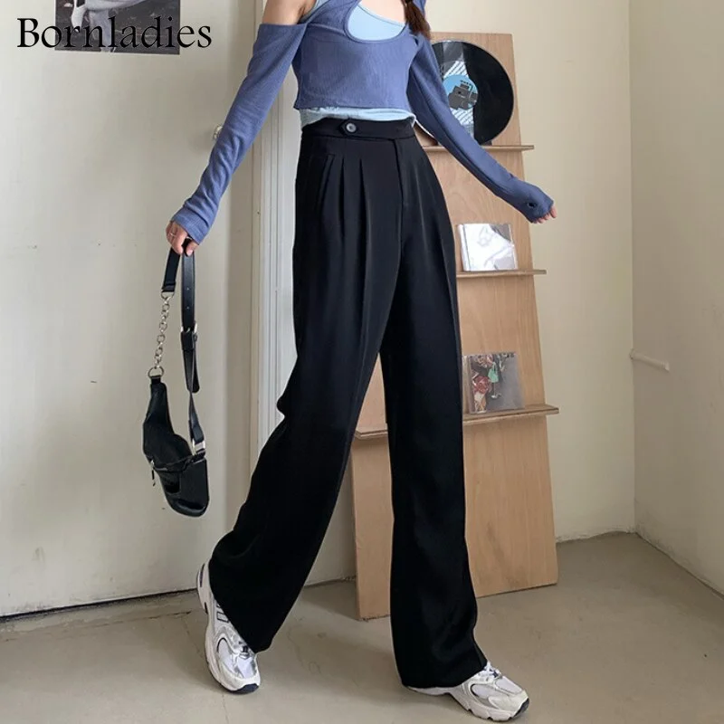 Bornladies 2021 Autumn Casual High Waist Loose Straight Pant for Women Office Ladies Button Wide Leg Trousers Female Solid Pants