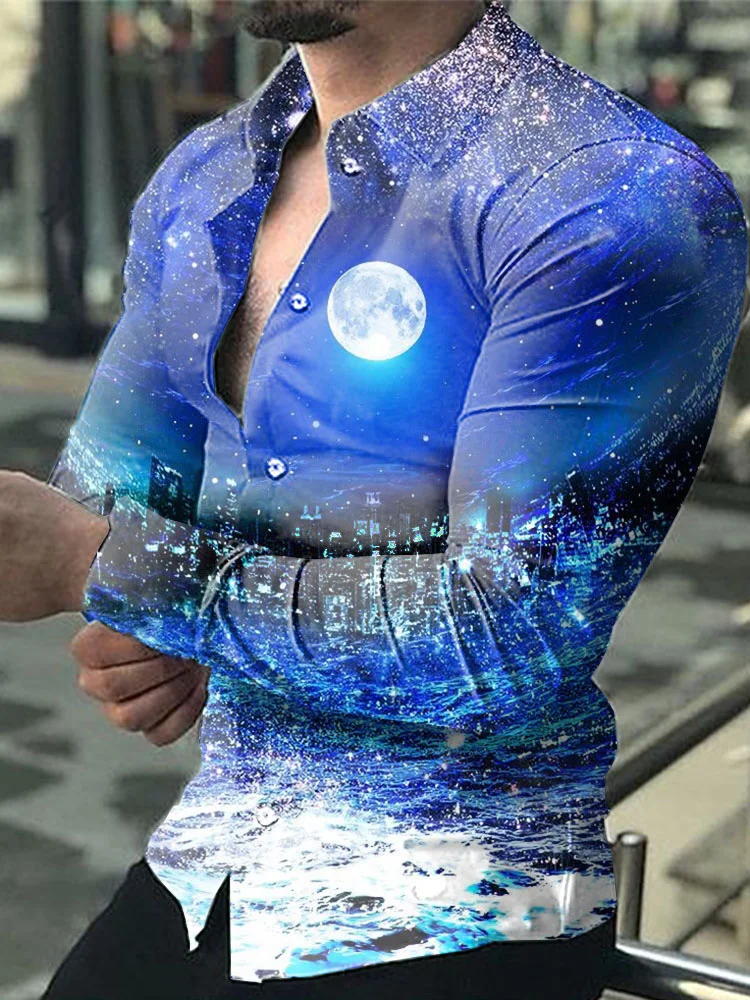 Casual Moon Pattern Printed Long Sleeve Men's Shirt