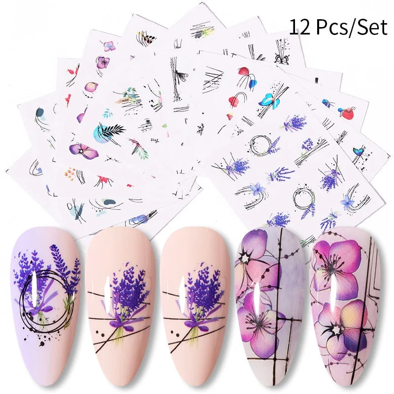 12Pcs/Set Flowers Geometric Lines Nail Water Decals Spring Simple Theme Floral Leaves Watermarks Sticker Nail Art Decoration