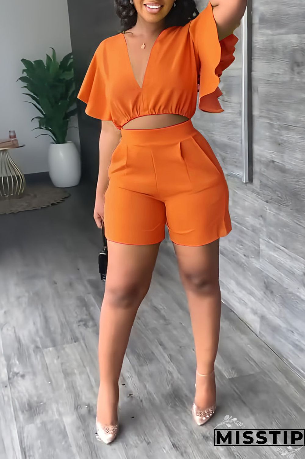 Yellow Casual Solid Patchwork Flounce V Neck Short Sleeve Two Pieces