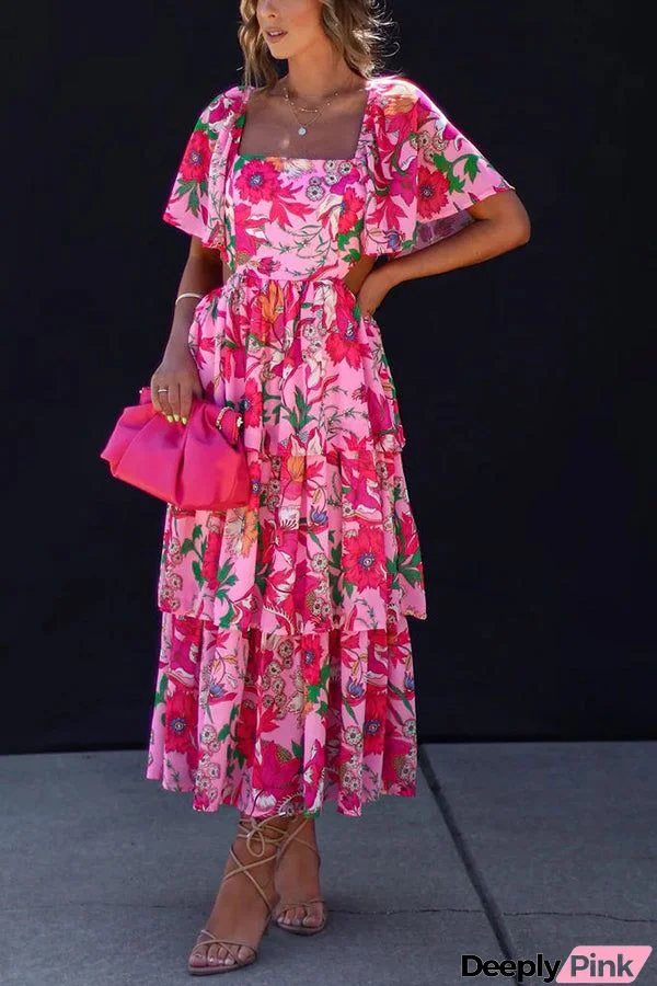 It's All Special Floral Cutout Waist Tiered Midi Dress