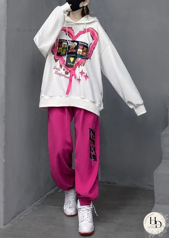 White Wrinkled Cotton Hooded Top And Lantern Pants Two Pieces Set Long Sleeve