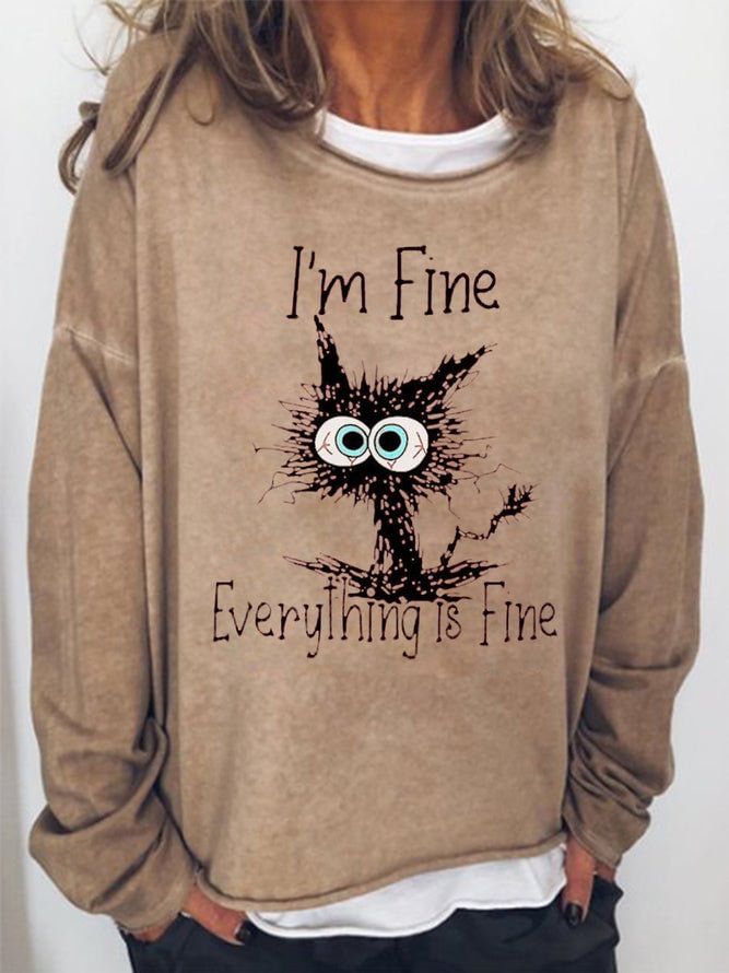 Long Sleeve Crew Neck Cat I'm Fine Everything Is Fine Casual Sweatshirt