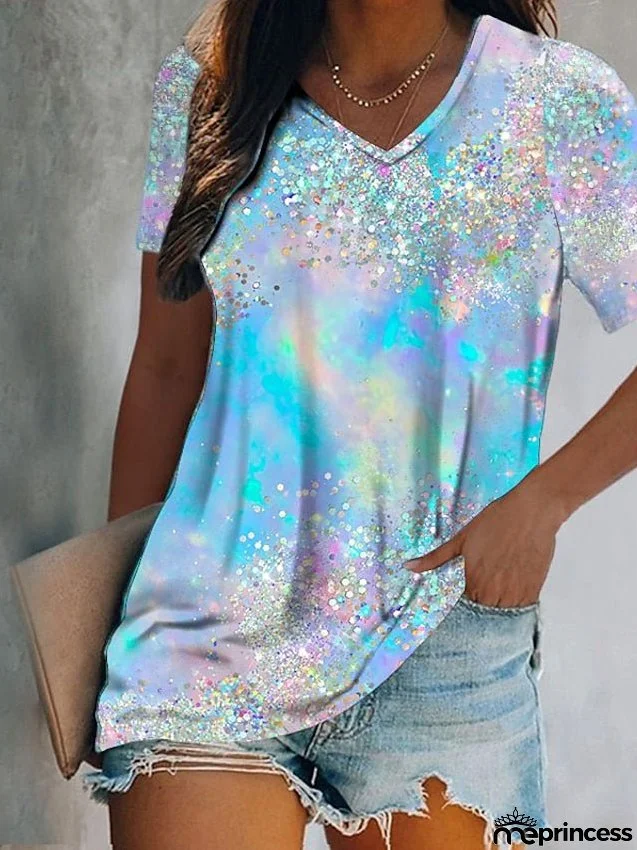 Women's T Shirt Tee Blue Purple Green Graphic Butterfly Print Short Sleeve Daily Weekend Basic V Neck Regular Abstract