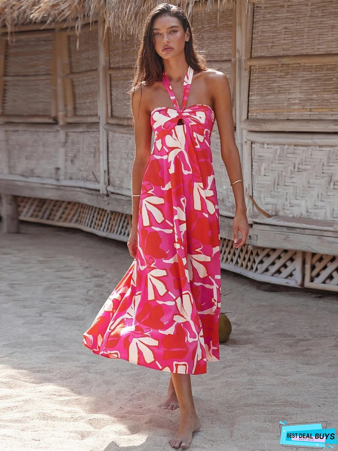 Printed Halter Neck Midi Cami Dress