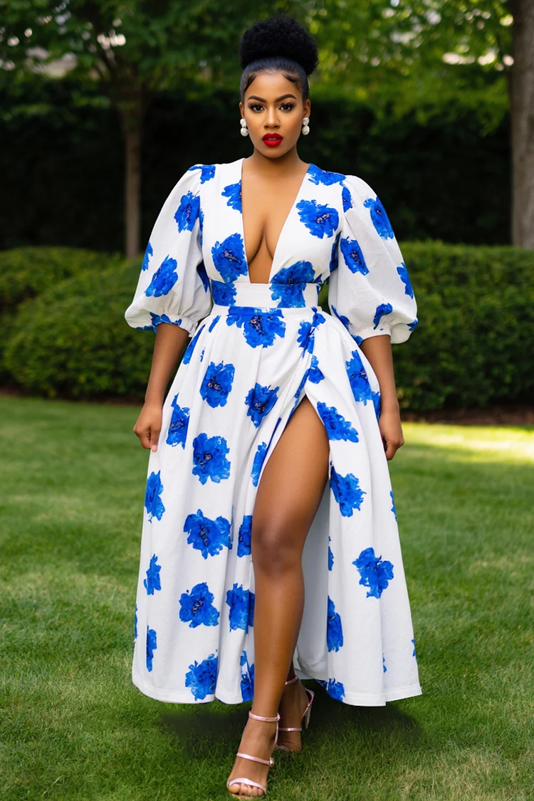 Deep V Neck Puff Sleeve Floral Print Vacation Maxi Dresses-White [Pre Order]