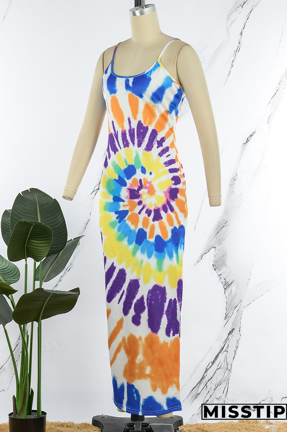 Pink Sexy Print Tie Dye Backless Spaghetti Strap Long Dress Dresses