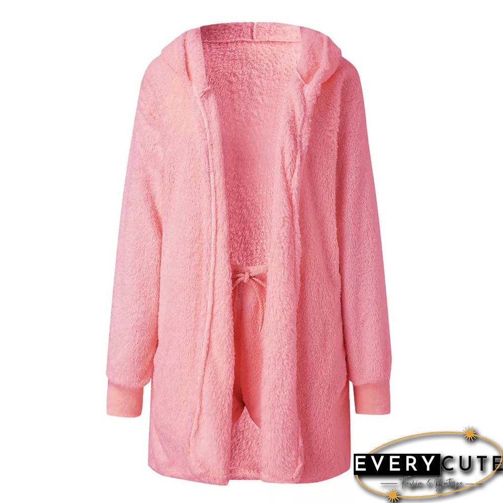 Light Pink Plush Hoodie with Shorts and White Vest 3pcs Set